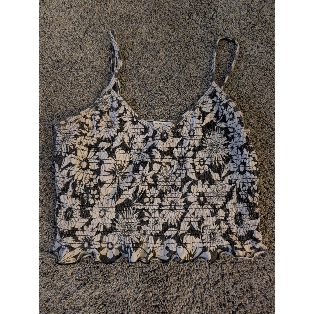American Eagle Black White‎ Floral Smocked Cami Top Lettuce Hem Medium
